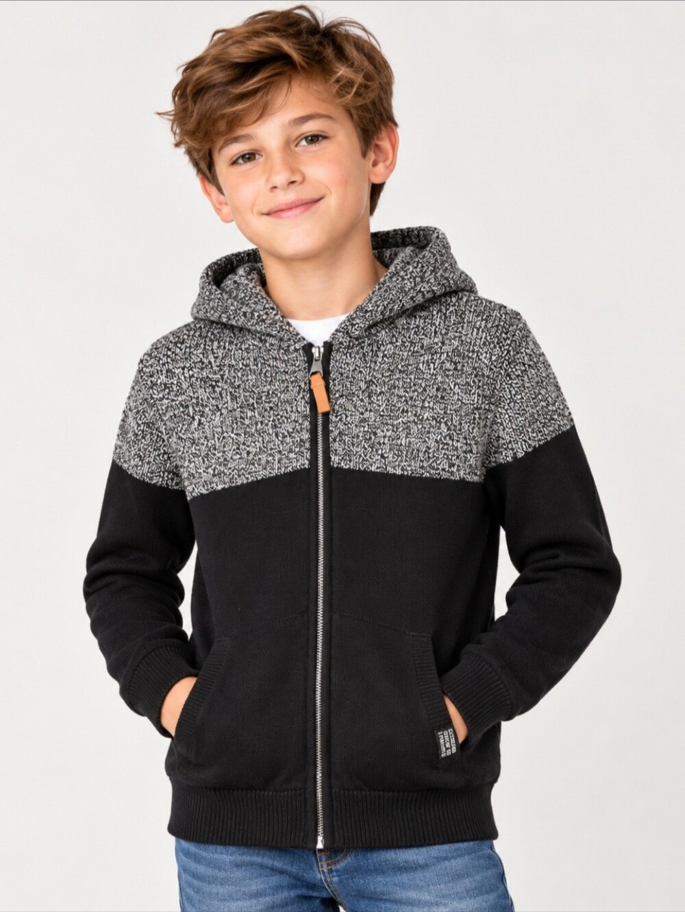H&M L.O.G.G. Boys 10-12 Full Zip Hoodie Sweater Black Gray Cotton Colorblock